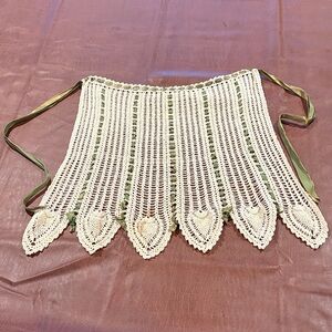 Vintage Handmade Crochet Apron with Green Ribbon Accents - Cream
